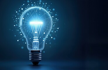 Aufkleber - Glowing light bulb concept with futuristic tech design. Abstract innovation in digital format. Tech illustration evokes creative idea. Blue background represents futuristic concept. Modern light bulb