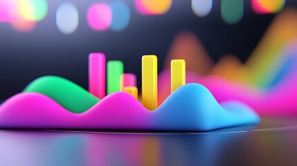 Poster - Abstract colorful 3D chart with vibrant waves and bars on dark background, representing data visualization and growth.