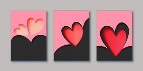 Aufkleber - Set of Valentine's day and Love concept. Minimal 3D Paper cut os heart shape. Vector illustrations for greeting cards, backgrounds, web banners, social media banners.