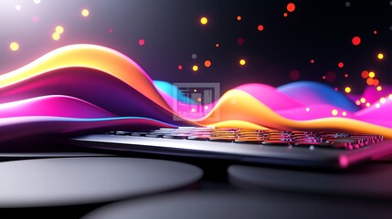 Fototapete - Abstract colorful waves flowing over a keyboard, suggesting digital creativity and innovation.