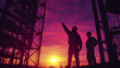 © THUA - Silhouetted engineers pointing at sunset on construction site