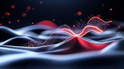 Fototapete - Abstract glowing red wave particles flowing over a dark blue and white landscape.