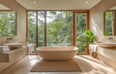 Sticker - Luxurious bathroom with freestanding tub and jungle view.