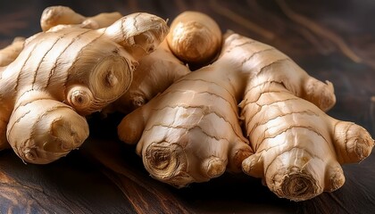 Wall Mural - Close-up of fresh ginger roots on a dark wood background.