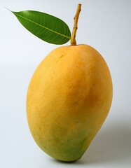 Wall Mural - Ripe mango with a single green leaf.