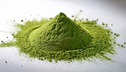 Wall Mural - Vibrant green matcha powder, finely milled, ready for use in culinary creations or a soothing beverage.