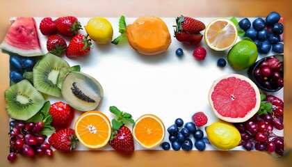 Canvas Print - Colorful assortment of fresh fruits arranged in a frame on a white background.