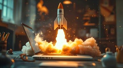 Poster - Sleek rocket launching from an open laptop, symbolizing innovation and technology, vibrant colors, dynamic movement, futuristic design, excitement in the air.