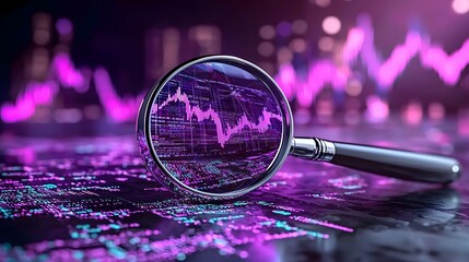 Poster - Detailed financial analysis, magnifying glass highlighting digital charts, data-driven insights, trends and statistics showcased prominently