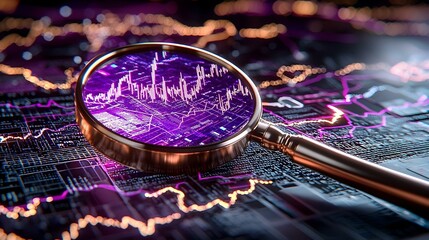 Poster - Financial Analysis Tool, a magnifying glass highlights intricate digital financial charts, emphasizing data trends and market insights.