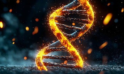 Poster - Glowing DNA Double Helix Structure, intricate spiral design illuminated by vibrant particles, symbolizing life and genetic complexity.