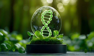Poster - DNA Helix in a Biological Landscape, a vibrant depiction of a DNA structure intertwined with lush flora, symbolizing life and evolution.
