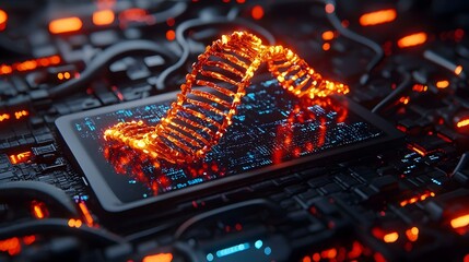 Poster - Digital DNA Strand, a vibrant display of genetic information intertwined with futuristic elements, symbolizing the convergence of biology and technology.