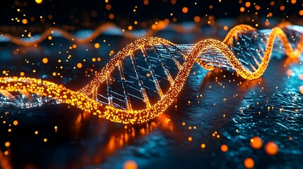 Poster - Glowing DNA Helix, a vibrant close-up showcasing the intricate structure and twists of a double helix strand illuminated in vivid colors