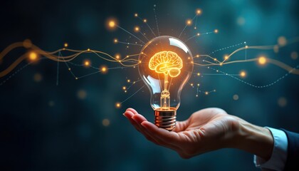 Poster - Business person holds lightbulb with glowing brain inside. Virtual connection lines show creative smart thinking, innovation. Tech concept. Inspiration, networking. Modern business idea. Digital