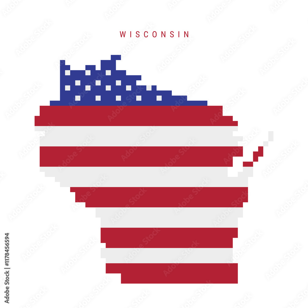 Wisconsin pixel flag map icon. 8 bit pixel art map covered with ...