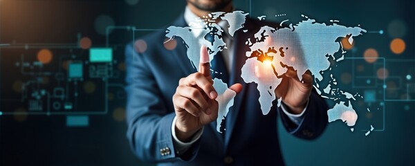 Poster - Businessman interacts with global network tech. Global business strategy concept visualized. Man touches digital world map. Tech icons displayed on background. Modern business idea. Future global