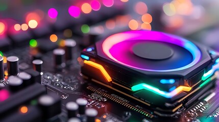 Poster - Close-up of a colorful CPU cooler on a motherboard.