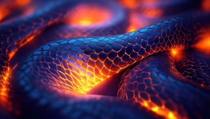 Poster - Abstract Close-Up of Textured Snake Skin with Glowing Orange and Blue Highlights, Displaying a Beautiful Blend of Natural Patterns and Colors in a Digital Artwork