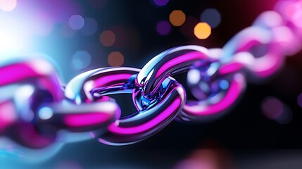 Wall Mural - Close-up of a vibrant pink and blue metallic chain, interconnected links, dark background with bokeh.