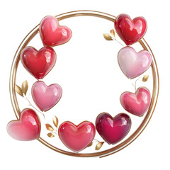 Poster - A circular golden frame encircles multiple glossy hearts in varying shades of pink and red, adorned with gold leaves.