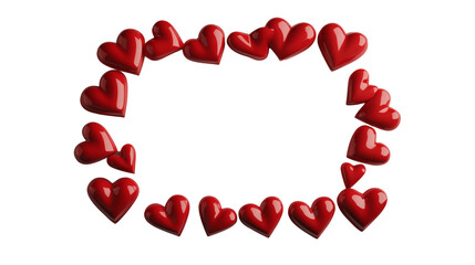 Poster - A collection of glossy red hearts arranged in a frame shape on a black background creating a romantic setting.