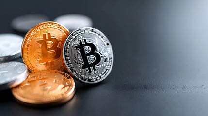 Poster - Close-up of gold and silver Bitcoin cryptocurrency coins on a dark background.