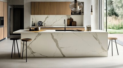 Wall Mural - Modern kitchen island with white marble countertop, wooden cabinets, and black stools.