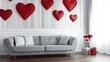 © Paradox - Interior of living room with sofa and decor for Valentine's Day. heart-shaped balloons for Valentine's Day celebration