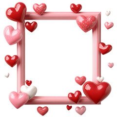 Poster - A pink frame is decorated with numerous glossy red and pink hearts of varying sizes, creating a romantic and festive design.
