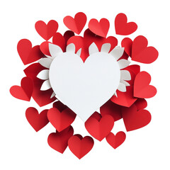 Poster - A large white paper heart is surrounded by numerous smaller red paper hearts forming a festive arrangement.