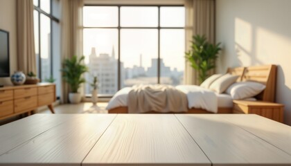 Poster - Empty white table top in cozy bright bedroom. Sunlit room with bed, window view. Interior design concept. Stylish home hotel room. Modern contemporary decor. Natural light. Wooden furniture. Relaxing
