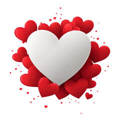 Poster - A large white heart is nestled amongst numerous smaller red hearts against a light grey background creating a romantic and festive image.