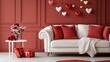 © Paradox - Interior of living room with sofa and decor for Valentine's Day. heart-shaped balloons for Valentine's Day celebration