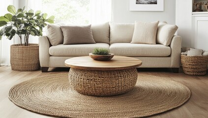 Wall Mural - Modern living room with woven coffee table, jute rug, and beige sofa.