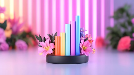 Poster - Colorful bar graph with flowers on a platform against a vibrant background.