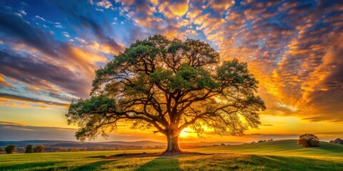 Wall Mural - Golden hour magic: a majestic oak silhouetted against a breathtaking sunset, captured by drone.