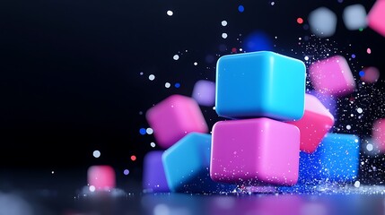 Poster - Colorful cubes explode, scattering particles on dark background.