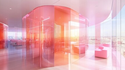 Sticker - Modern office interior with pink glass partitions and city view.