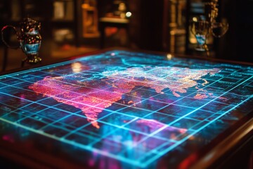 Wall Mural - A map of the world is displayed on a table. The map is blue and has a grid pattern