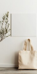 Sticker - A minimalist interior featuring a blank canvas, a potted plant, and a beige tote bag against a neutral wall.