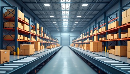 Poster - Organized warehouse interior displays efficient logistics. Shelving units filled with stacked boxes. Conveyor belts carry goods. Modern warehouse layout optimizes space. Business, industrial sectors