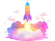 © Wittawit - Colorful rocket blasting off with vibrant rainbow hues and clouds. dynamic scene captures excitement of space exploration and adventure