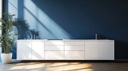 Wall Mural - Modern white kitchen counter against a blue wall.