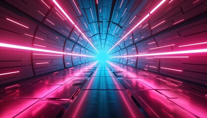 Poster - Futuristic tunnel with glowing neon light. Abstract tech design. Fast speed effect. Empty space. Reflective floor. Virtual reality scene. Cyberpunk style. High-tech background. Mock-up. Neon pink,