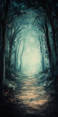 Poster - A captivating pathway through an enchanted forest, illuminated by soft light filtering through lush trees, creating a serene and mysterious atmosphere.