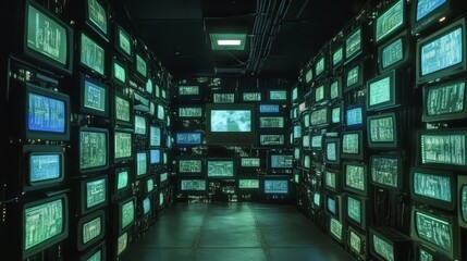 Poster - Digital Information Processing Room with Retro Monitors Displaying Data in a Futuristic Environment
