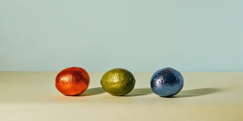 Aufkleber - Three eggs with glitter on them are sitting on a table