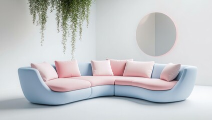 Wall Mural - Pastel pink and blue sectional sofa in modern minimalist living room.