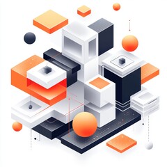 Poster - A modern abstract 3D illustration featuring geometric shapes in orange and gray, showcasing cubes and spheres in a futuristic design.